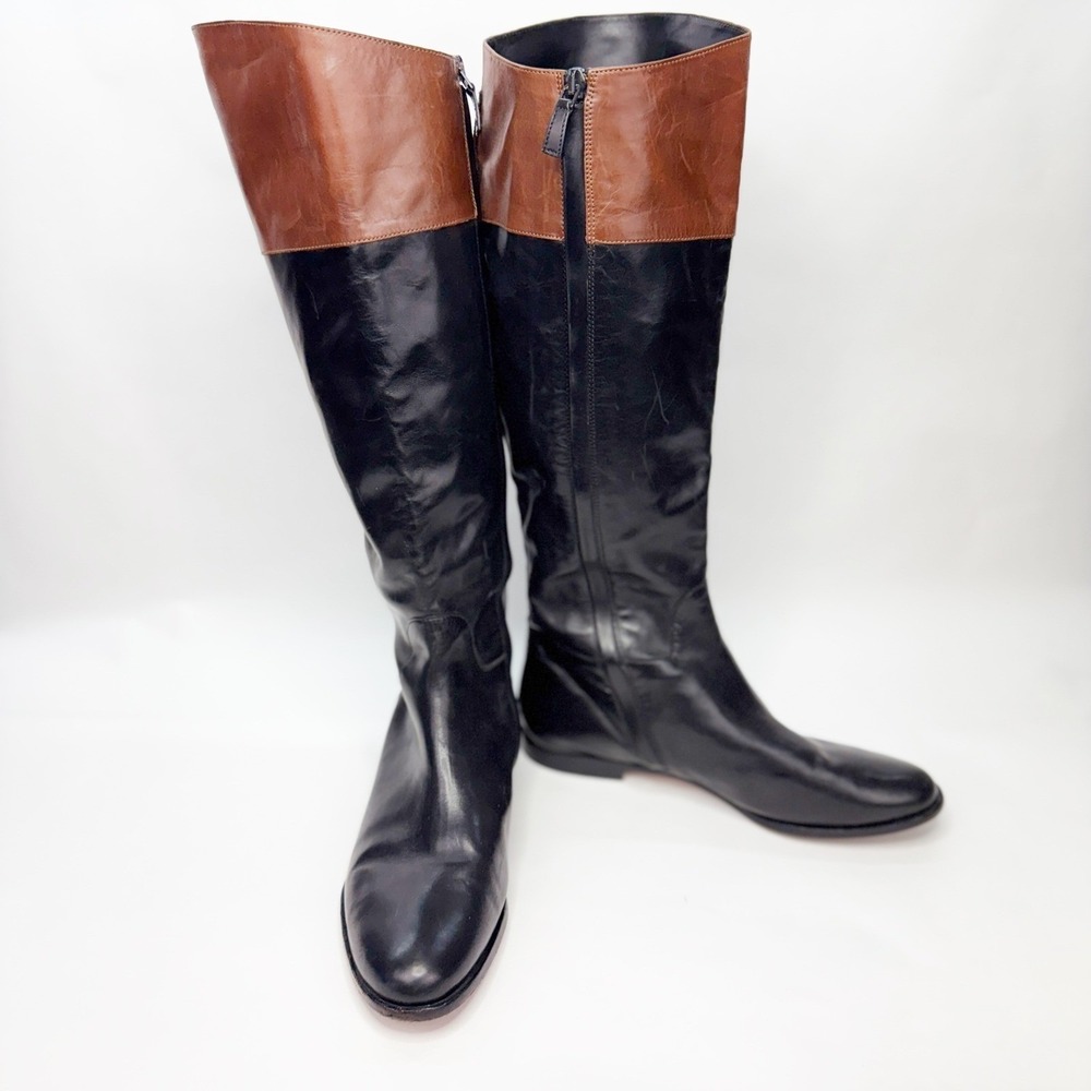 Womens Two Tone Black and Brown Leather Tall Riding Boots Side Zip Low Heel - Picture 3 of 12